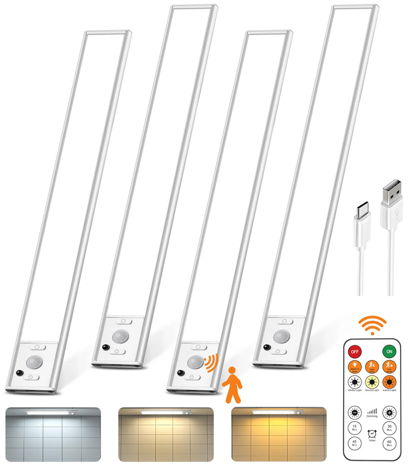 Under Cabinet Lighting with Remote Control,USB Rechargeable 180 Lumen LED Motion Sensor Light Indoor,Wireless Under Counter Light,3 Color Dimmable Closet Light for Bedroom,Wardrobe,Stairs,4 Pack White-9 Inch 4 Pack