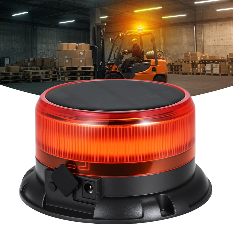 Solar Amber Strobe Light, 48 LED Rechargeable Emergency Warning Beacon Light with 9 Flash Modes, Magnetic Mount, IP68 Waterproof for Trucks, Forklifts, Tractors, Golf Carts, UTV, Car, Bus