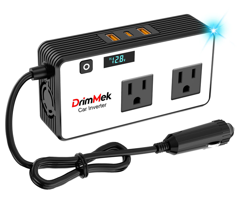 200W Car Power Inverter, Car Plug Adapter Outlet 12V to 110V Converter with 24W USB Fast Charging Port, Dual AC Outlet for Laptop, Vehicles, Camping (LED Display) White