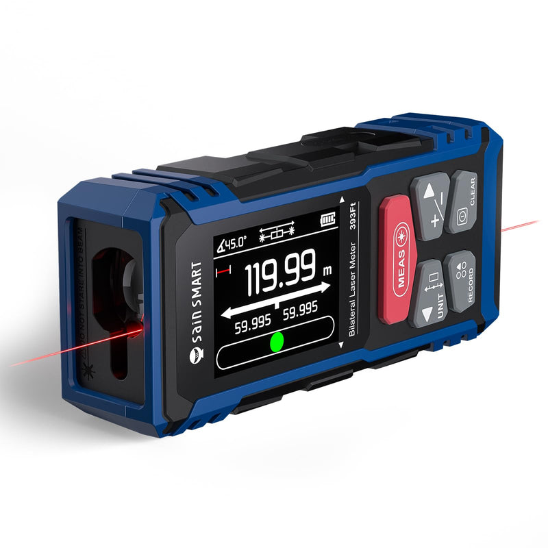 SainSmart Dual Laser Measuring Tool, 393Ft Red Bilateral Distance Meter with Backlit LCD, Rechargeable, Multi-Unit, Electronic Level, Length/Area/Volume/Angle Sensor/PC Data Transfer,Laser Class 2