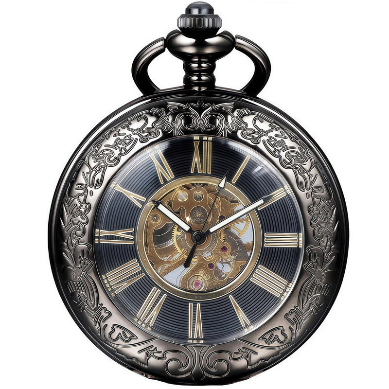 Mechanical Pocket Watch, for Men Women Special Magnifier Half Hunter Engraved Case Roman Numerals with Chain A-c. Black, Black