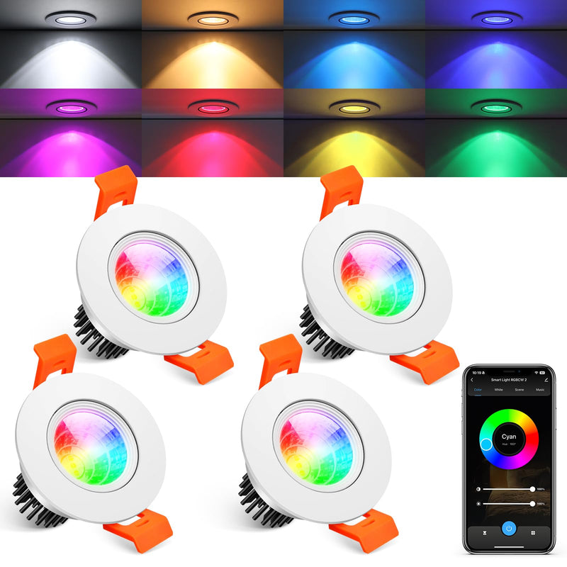 2 Inch Smart Recessed Lighting, 5W RGB WiFi LED Downlight, Dimmable RGB Color Changing & CCT 2700K–6500K, Compatible with Alexa & Google Home, 120V Round Recessed Ceiling Light with Driver (4 Pack) 4 Pack