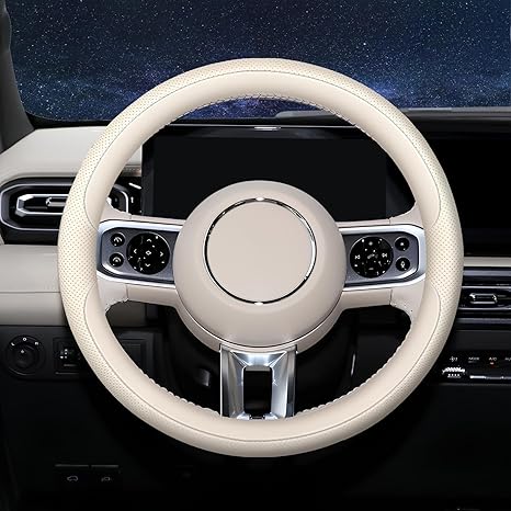  [AUSTRALIA] - Steering Wheel Cover Universal Standard Size 14.5-15 inch, Breathable Microfiber Leather, Anti-Slip, Soft Grip, Fits Most Cars SUVs Trucks, Cream White Beige