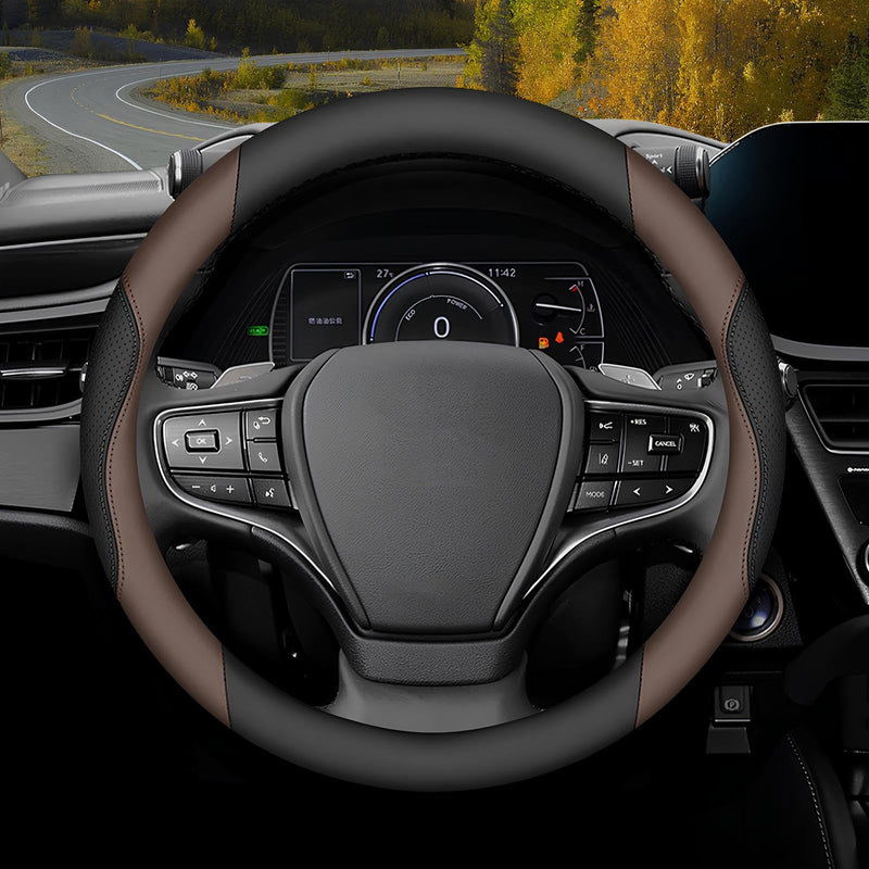 Steering Wheel Cover Universal Standard Size 14.5-15 inch, Breathable Microfiber Leather, Anti-Slip, Soft Grip, Sporty Design, Fits for Cars SUVs Trucks, Black and Chocolate Brown Black and Brown