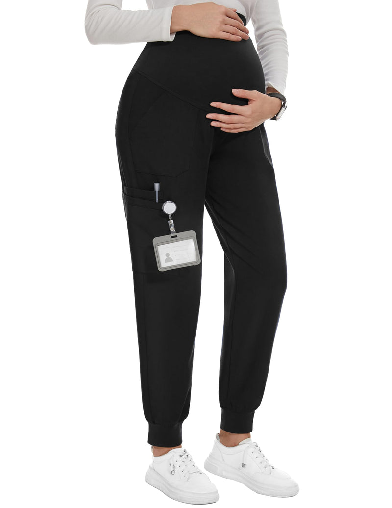 PACBREEZE Women's Maternity Scrubs with 6 Pockets, Workwear Maternity Jogger Scrubs Pregnancy Pants, S-XXL Large 01 Update Black