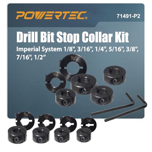 [AUSTRALIA] - POWERTEC Drill Bit Stop Collar Set, 7 Piece Set Adjustable Drill Bit Depth Stopper w/Allen Wrench, Bits Stop w/Imperial System Size Markings 1/8",3/16",1/4",5/16",3/8",7/16",1/2", 2 Sets (71491-P2) 2PK 7PC Imperial Drill Stop Set (1/8"-1/2")