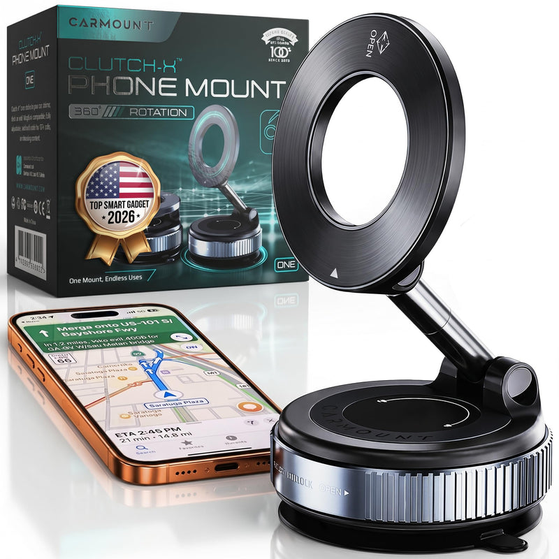 Clutch-X™ Black – Vacuum Phone Mount Suction Cup Car Phone Holder for iPhone, Window Phone Mount for Travel, 360° Vacuum Magnetic Phone Holder for Car, Magnetic Phone Holder with Suction Cup