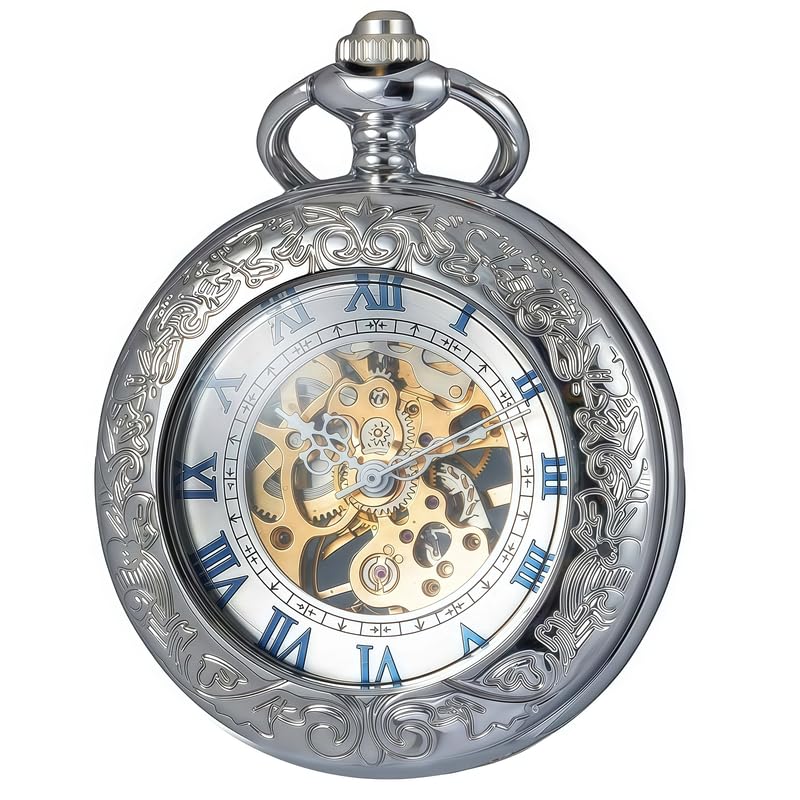 Mechanical Pocket Watch, for Men Women Special Magnifier Half Hunter Engraved Case Roman Numerals with Chain Ab. Silver Blue