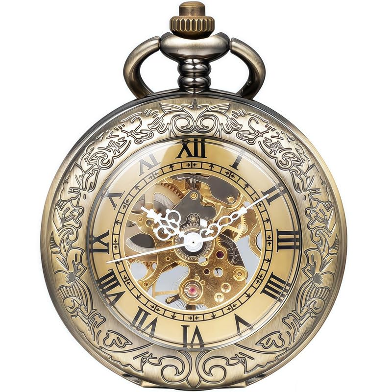 Mechanical Pocket Watch, for Men Women Special Magnifier Half Hunter Engraved Case Roman Numerals with Chain Aa. Bronze Black