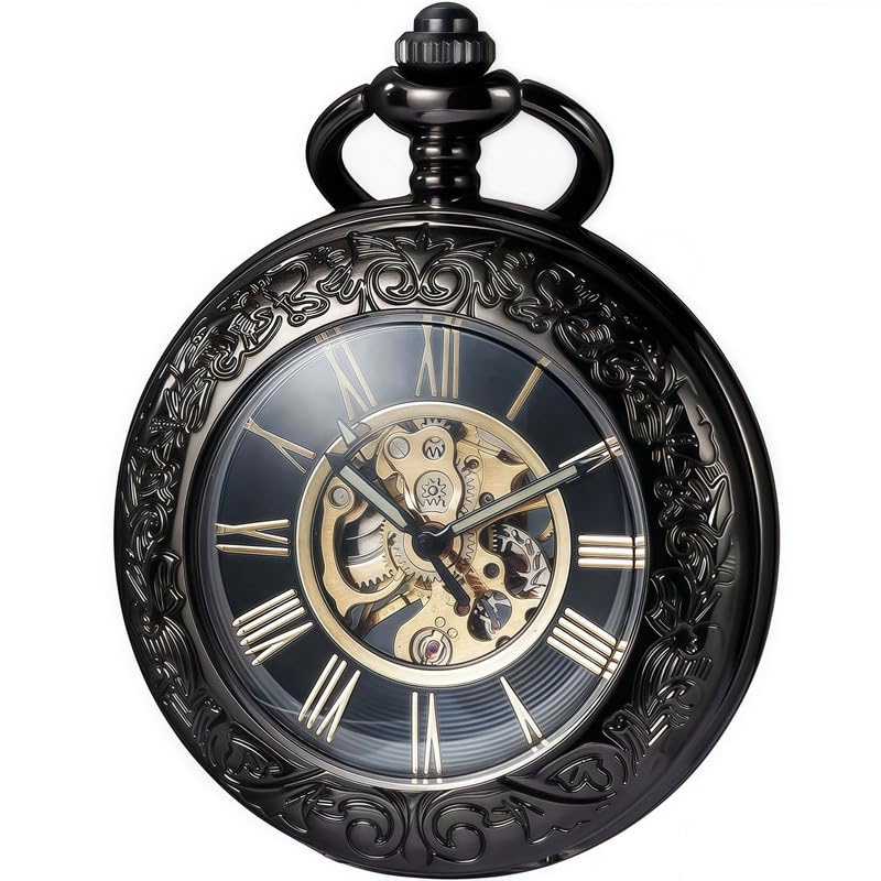 Mechanical Pocket Watch, for Men Women Special Magnifier Half Hunter Engraved Case Roman Numerals with Chain Ac. Black Black