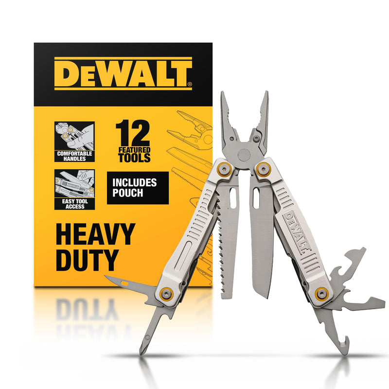 DEWALT 12-in-1 Multitool with Pliers, Knife, Saw, Screwdrivers, Bottle & Can Opener – Stainless Steel Folding Pocket Tool with Sheath & Belt Clip for Construction, Trades & Jobsite Use