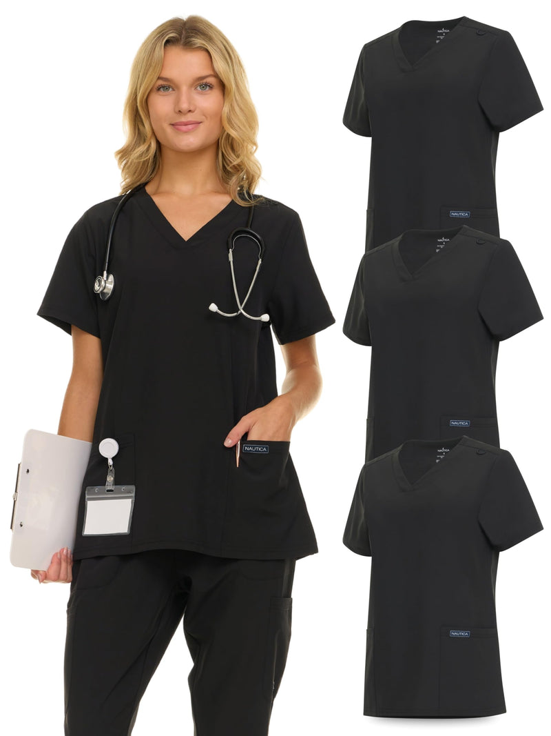 Nautica Womens Scrubs Tops, 3 Pack V-Neck Breathable Scrub Tops Women, 3 Pocket Stretch Fabric Scrubs for Women 3 Pack Blk/Blk/Blk Medium