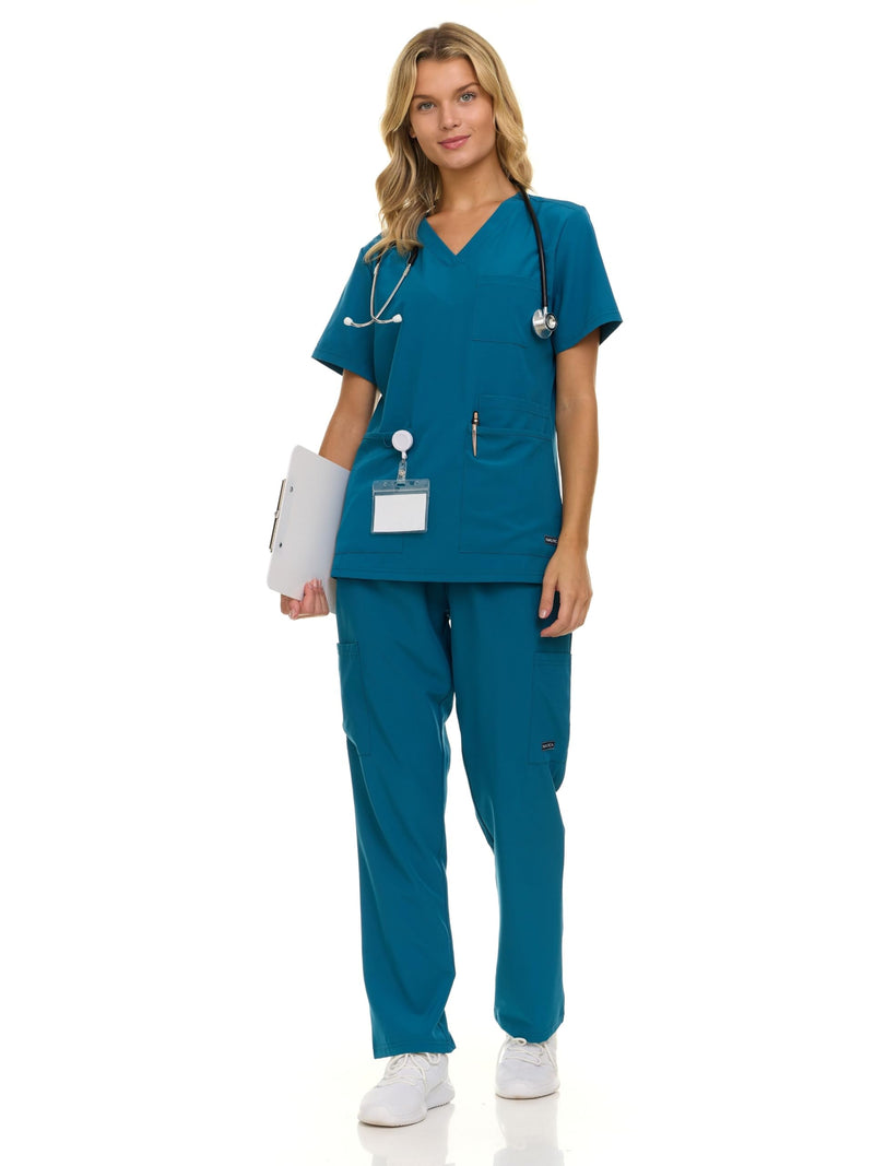 Nautica Women's Scrub Set, 9-Pocket Breathable & Stretchy Pants & Tops Carribean Medium