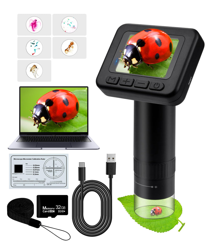Handheld Microscope for Kids - 1000X Portable Microscope for Kids, Photo and Video Microscopes 2in Screen, Science Kit Gift for Kid Adults Boys Girls, Digital Coin Magnifier, 32GB, 5Pcs Sample Slides