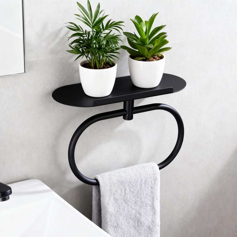 Towel Ring with Shelf, Heavy Duty Stainless Steel Bathroom Hardware, Adhesive No-Drill or Drill Mount Wall Mounted Towel Holder for Bathroom and Kitchen (Black) Black