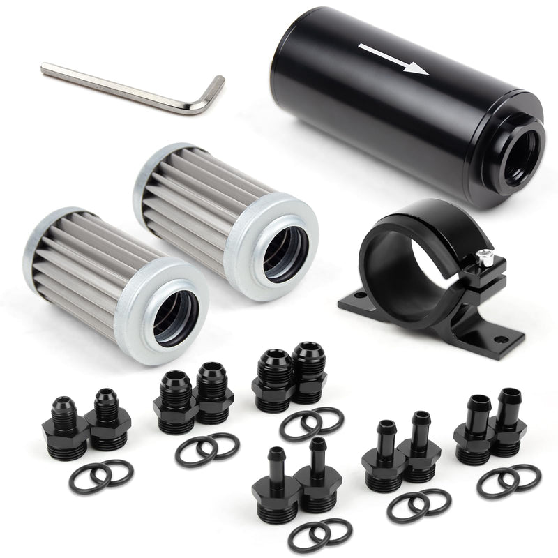 10 Micron Inline Fuel Filter with 6AN 8AN 10AN Adapter(6pcs), Barb 1/2", 3/8", 5/16" Fitting Adapter (6pcs),Bracket Clamp 50MM Universal, 10 Micron Filter Element Replacement 10 Micron 15pcs