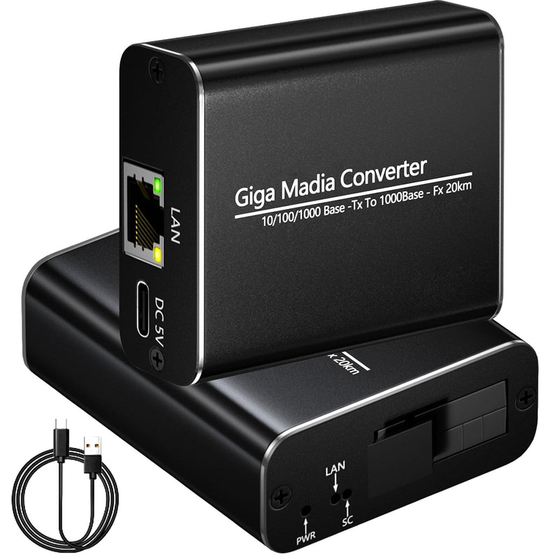 Gigabit Fiber Media Converter - A Pair of Bidi Single-Mode Fiber-Optic Transceiver SC to RJ45 Port, 20Km Transmission, 1000Mbps Fiber to Ethernet Converter for Network SOC Video Security VSaaS PSIM Black shell