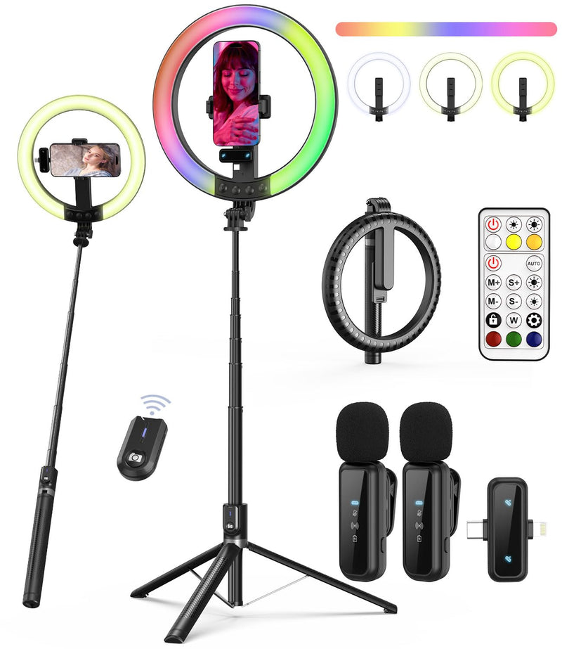 Vlogging Kit for iPhone/Android, 10” Ring Light with Stand, 74” Tripod for iPhone with Light, Microphone, YouTube Starter Kit for TikTok Content Creator 74"
