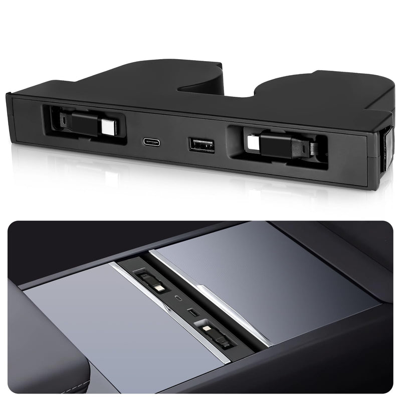 USB Hub for Tesla Model Y Juniper 2025 2026 Model 3 Highland 2024 2025 with Sunken Design, 99W 4 in 1 Multi Ports Fast Charger with Retractable Cable Docking Station fit Center Console Adapter