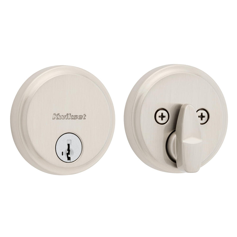 Kwikset Hometown Deadbolt Lock, Satin Nickel, Round Exterior Keyed Front Entry Door, Pick Resistant SmartKey Rekey Security, Single Cylinder Dead Bolt Door Lock, with Microban Protection