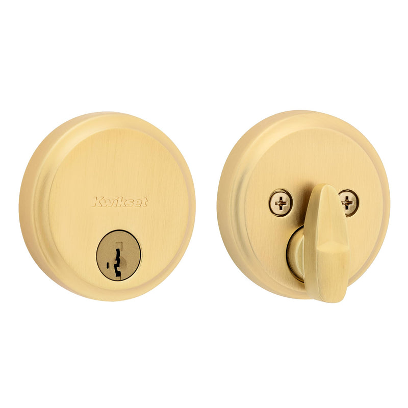 Kwikset Hometown Deadbolt Lock, Satin Brass, Round Exterior Keyed Front Entry Door, Pick Resistant SmartKey Rekey Security, Single Cylinder Dead Bolt Door Lock, with Microban Protection