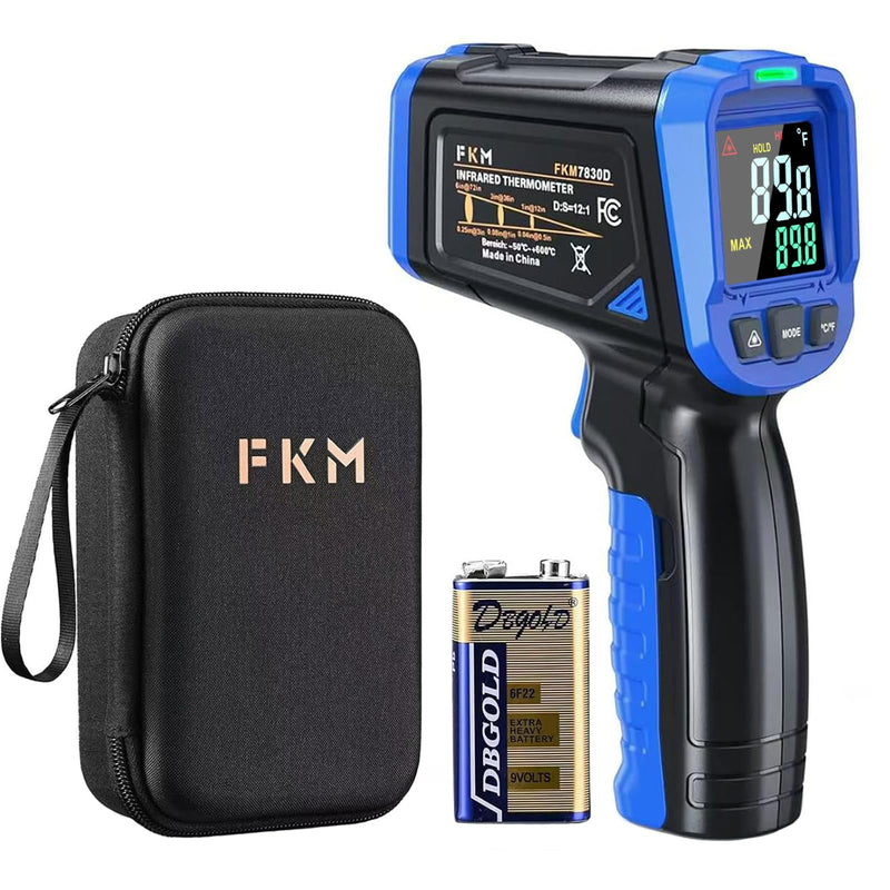 FKM Laser Thermometer Gun -58°F~1112°F(-50°C~600°C),Non Contact Infrared Thermometer Gun for Industrial,Engine,HVAC,Kitchen Cooking,Digital Temperature Gun Adjustable Emissivity,Not for Human Blue