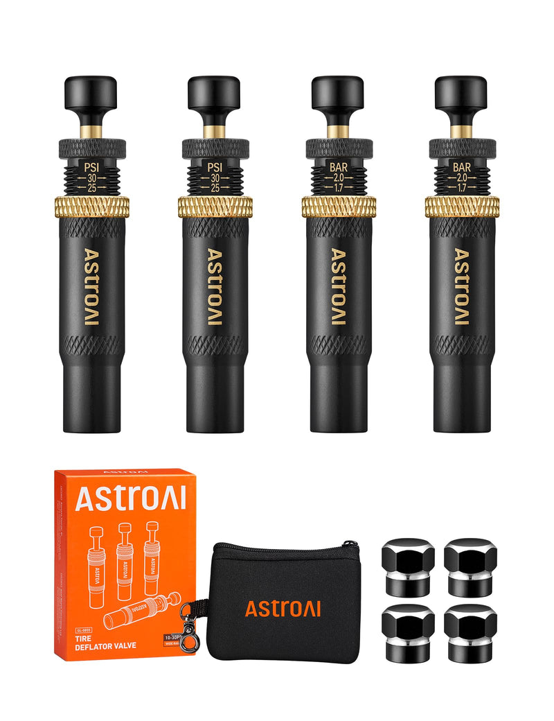 AstroAI Tire Deflator Kit 4-Pack, Automatic Anti-Corrosive Screw-On Air Down Tool Adjustable 10-30 PSI for Off-Road Vehicle SUV 4x4, Includes 4 Valve Caps Zipper Closure Bag