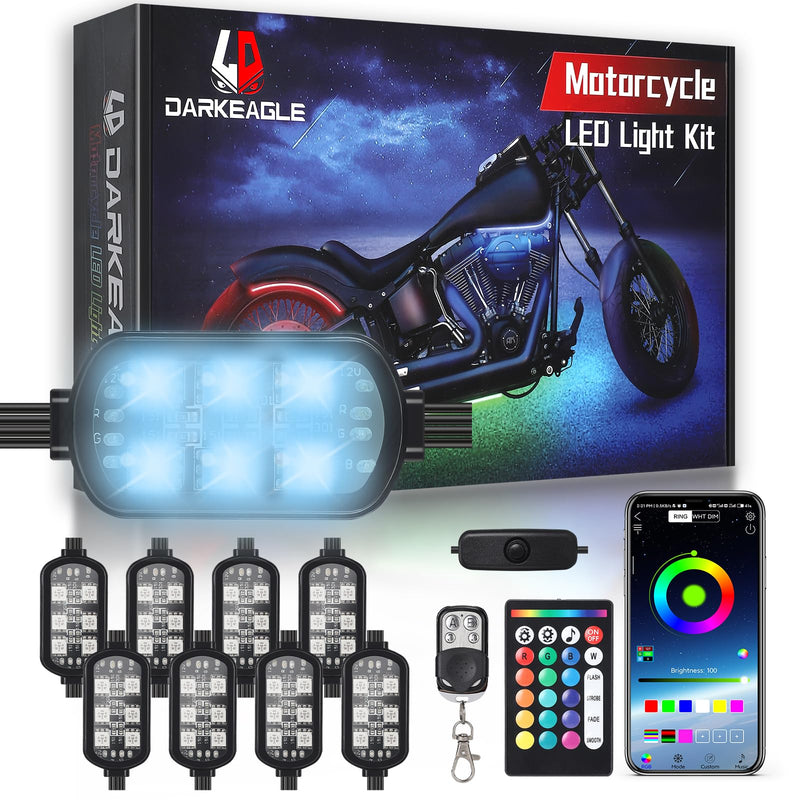 8Pods Motorcycle LED Lights Kits with Brake Turn Signal, Motorcycle LED Underglow kit with APP/RF Remote Control, Dual Zone RGB Neon Strips Multicolor 12v Waterproof for Harley Honda Kawasaki Yamaha 8Pods Kits
