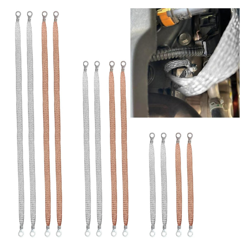 12 Pcs Universal Automotive Ground Straps, Tinned Copper Braided Ground Cable Strap with Ring Terminals, 10/15/20 Inch Auto Engine Grounding Strap for Most Vehicles