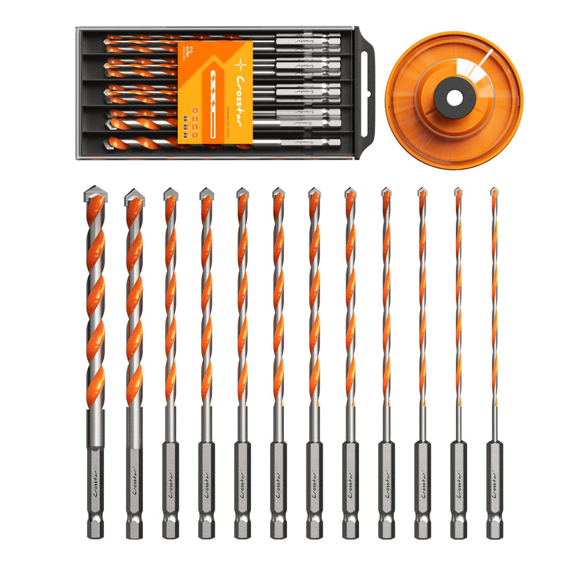 Crosstar 12PCS Carbide Masonry Drill Bits Set Hex Shank with Dust Collector Bowl - for Concrete, Tile, Brick, Glass, Plastic & Cement,5/32"-1/2" Sizes,Heavy-Duty for Home Improvement & DIY Projects