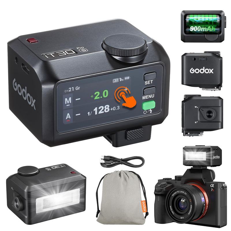 Godox iT30 Pro S Mini TTL Flash for Sony Cameras Godox iT30Pro S- 2.4G Wireless Master & Receiver Trigger Touchscreen, GN15, 1/8000s HSS Speedlite, Built-in Diffuser and Lithium Battery IT30 PRO S (Black)