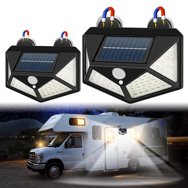 Magnetic Solar RV Light with Motion Sensor – Bright 100 LED RV Exterior Light, Waterproof RV Porch Lights for Camper, Trailer, Motorhome Outdoor– Easy Install with 2 Strong Magnets (2 Pack)