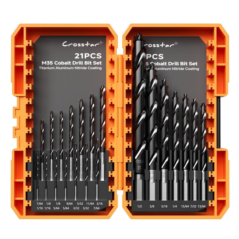 Crosstar M35 Cobalt Drill Bit Set - 21pcs 1/16"-1/2" TiAlN Coated Self-Centering Metal Drill Bits for Thin Hardened Steel, Stainless Steel, Titanium| Bullet Point Tip, High-Speed Jobber Bits 21pcs(1/16in-1/2in)