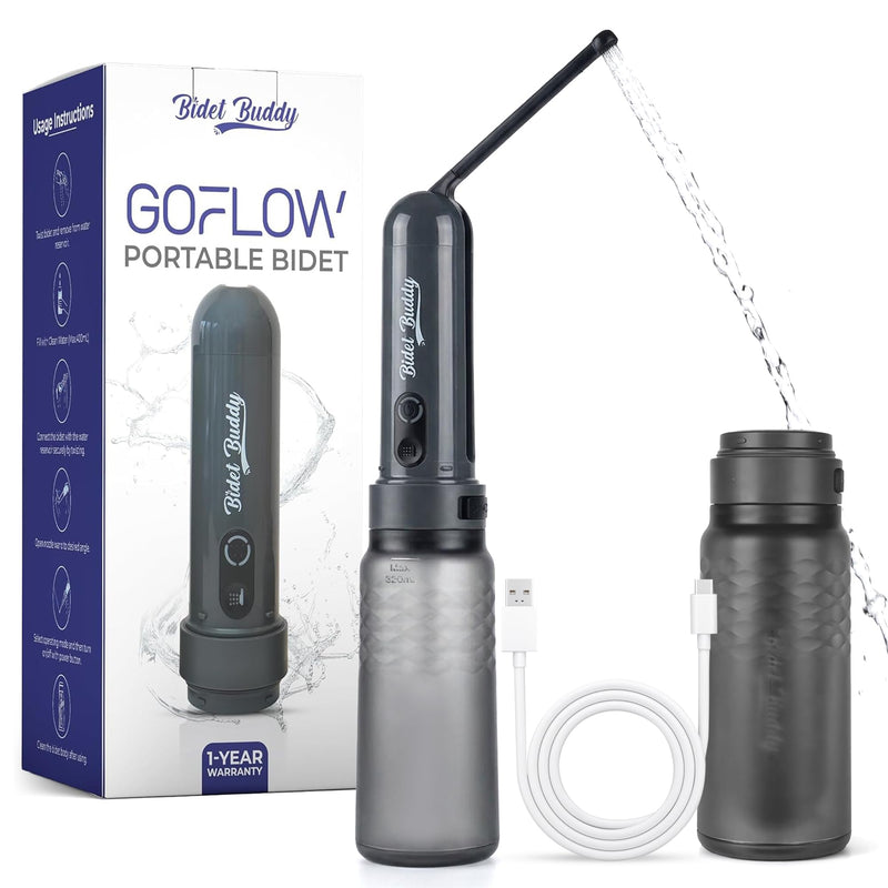 BIDET BUDDY® GoFlow Portable Bidet for Travel - 320ml Bottle with Adjustable Power Modes, Nozzle Wand, IPX7 Waterproof, USB C Charging, 800mAh Rechargeable Battery, Medium Pressure