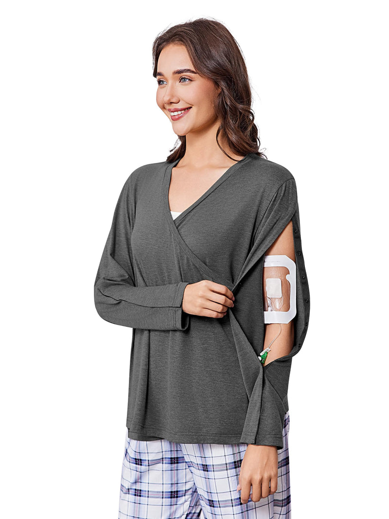 Deyeek Women's Post Shoulder Surgery Shirts Long Sleeve V-Neck Wrap Chemo Blouse Easy Access Adaptive Snap On Dialysis Shirts Dark Grey Medium