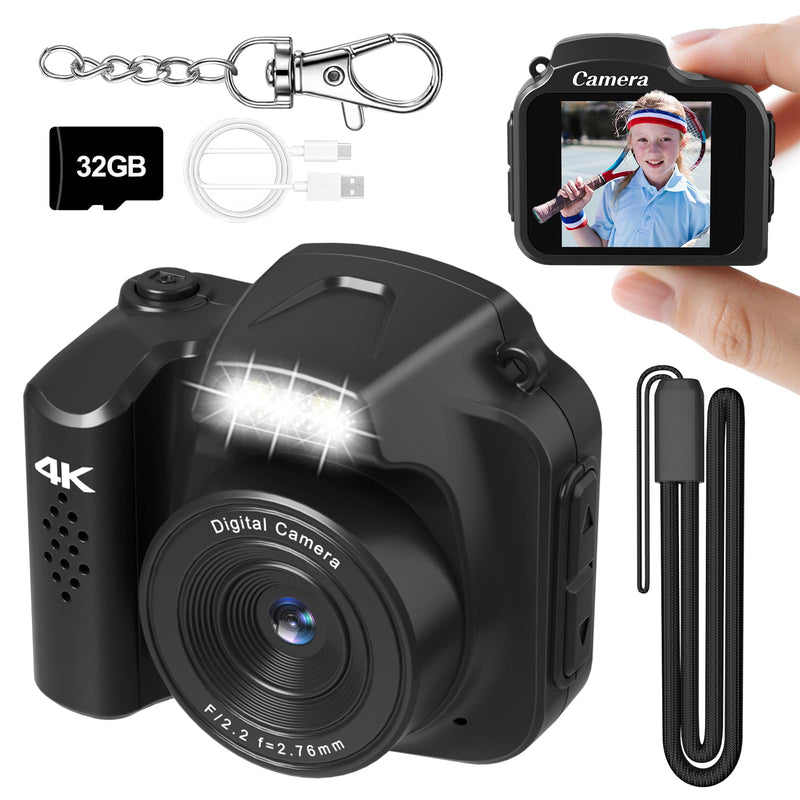 Mini Keychain Camera 4K 64MP Vintage Digital Camera,Pocket Retro Nostalgia Video Camera with LED Light and 32G Micro SD Card, Suitable for Teenagers, Adults, Kids, and Photography Beginners Black