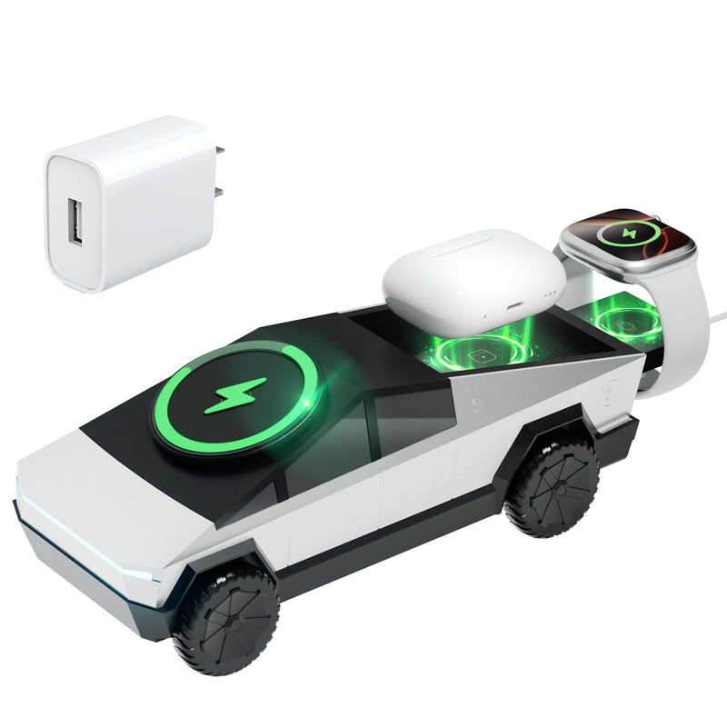 CyberDock 3-In-1 Wireless Charging Station for iPhone with Car Model Design 1:25 Scale, Qi Certified Mag-Safe Charger for iPhone iWatch AirPod, Rotating Charger with Ambient Light, 20W Adapter, Sliver