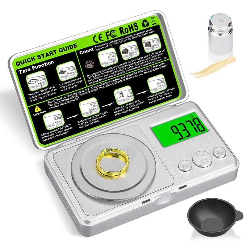 High Precision Mg Scale 100g/0.001g, Pocket Digital Milligram Scale, Small Gram Jewelry Scale, Coin Scale with 50g Calibration Weight for Gold/Silver/Gems/Powder Medicine Benechef