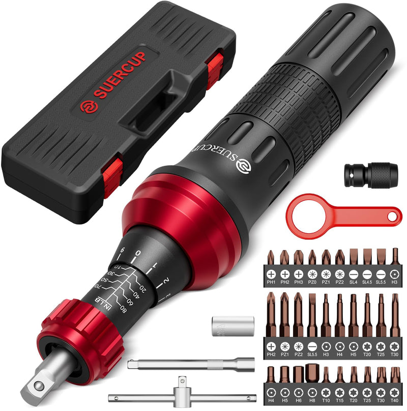 SUERCUP 1/4" 10-80In.lb Torque Wrench Screwdriver 36 PCS Set | T-bar, Hex, Torx, and Phillips S2 Bits, Torque Screwdriver, For Scope and Car, Bike Mounting and Home DIY