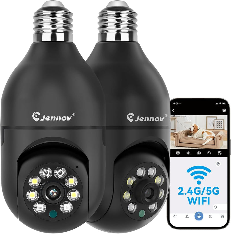 Jennov 2K Light Bulb Security Camera, Auto-Tracking Security Cameras Wireless Outdoor, 360° PTZ, Dual-Band WiFi (2.4G/5G), AI Human Detection, Indoor/Outdoor, E27 Socket-Powered, Compatible Alexa Black Light bulb Camera / 2PK