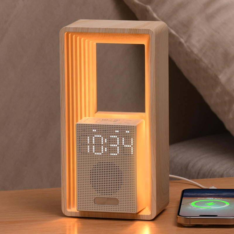 WILIT Digital Alarm Clock, Sunrise Alarm Clock with Nightlight, 9 Sleep Aid Sounds, White Noise Sounds Machine, Dimmable Display,USB Charging Port,Wood Grain Imitation,Gift for Women,Men,Travel Wood Grain