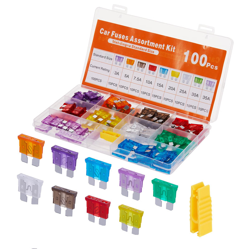 100 Pcs Standard Fuses Kit, Car Fuses Assortment Kit - Standard Size (3A 5A 7.5A 10A 15A 20A 25A 30A 35A) Automotive Blade Fuse for RV, Car, Truck, Marine, Boat, Motorcycle