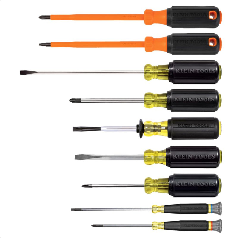 Klein Tools 85850 9-Piece Electrician Tool Set with (3) Phillips, (3) Slotted, (1) Screw-Holding Driver, (2) Insulated Drivers - Phillips and Square, Cushion-Grip Handle