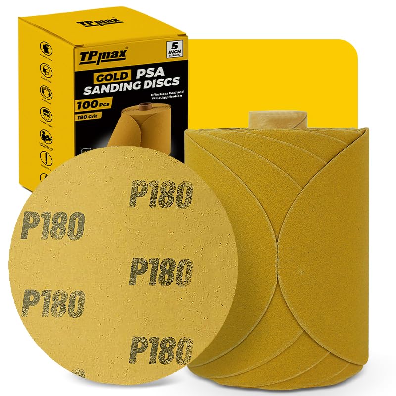 100PCS 5 Inch PSA Sanding Discs 180 Grit | Self-Adhesive Sandpaper Roll for DA Sanders, Orbital Sander | Gold Aluminum Oxide Sticky Back Abrasive Discs for Automotive, Woodworking, and Metal Polishing