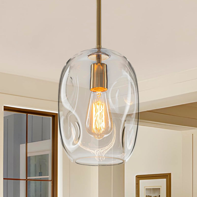 Glass Pendant Lights Kitchen Island -1 Light Gold Hanging Light Fixture Bar Modern Pendant Lighting Ceiling with 9.6" Height Clear Thick Organic Glass Shade for Kitchen Sink Dining Table,E26,1 Pack 1 Pack 9.6in