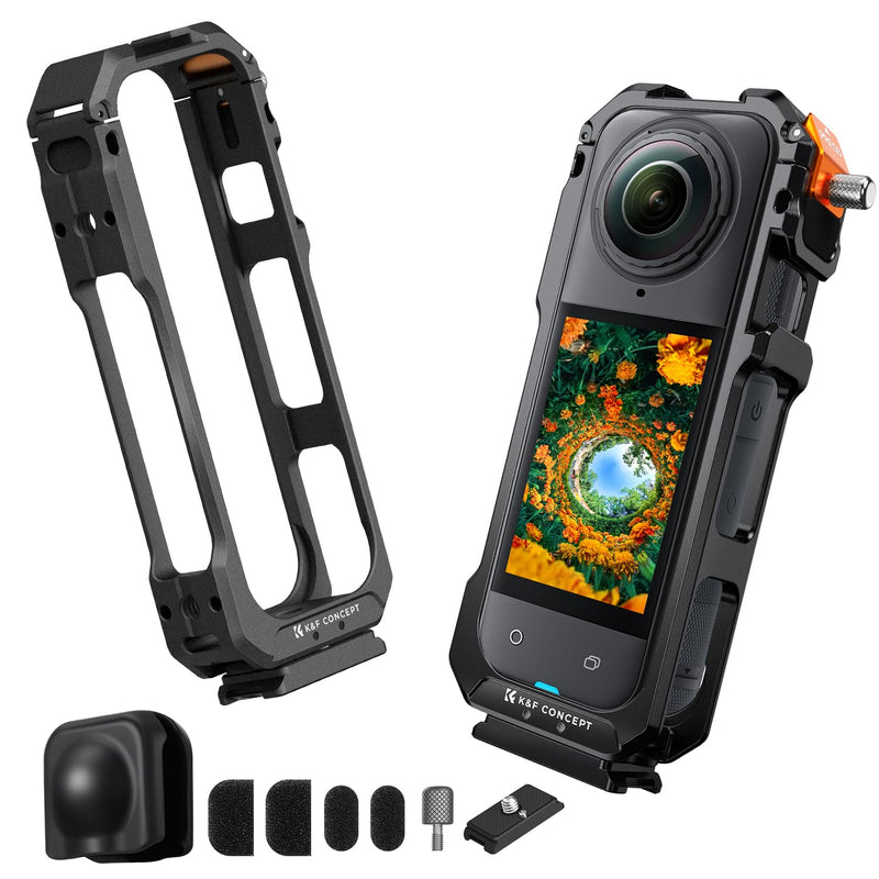 K&F CONCEPT Camera Cage with Silicone Lens Cover for Insta360 X5 | Aluminum Alloy Protective Case Frame with 2 Cold Shoe Mounts for Microphone and Led Video Light Built-in 1/4" Screw Hole CI01 Cage+Quick Mount