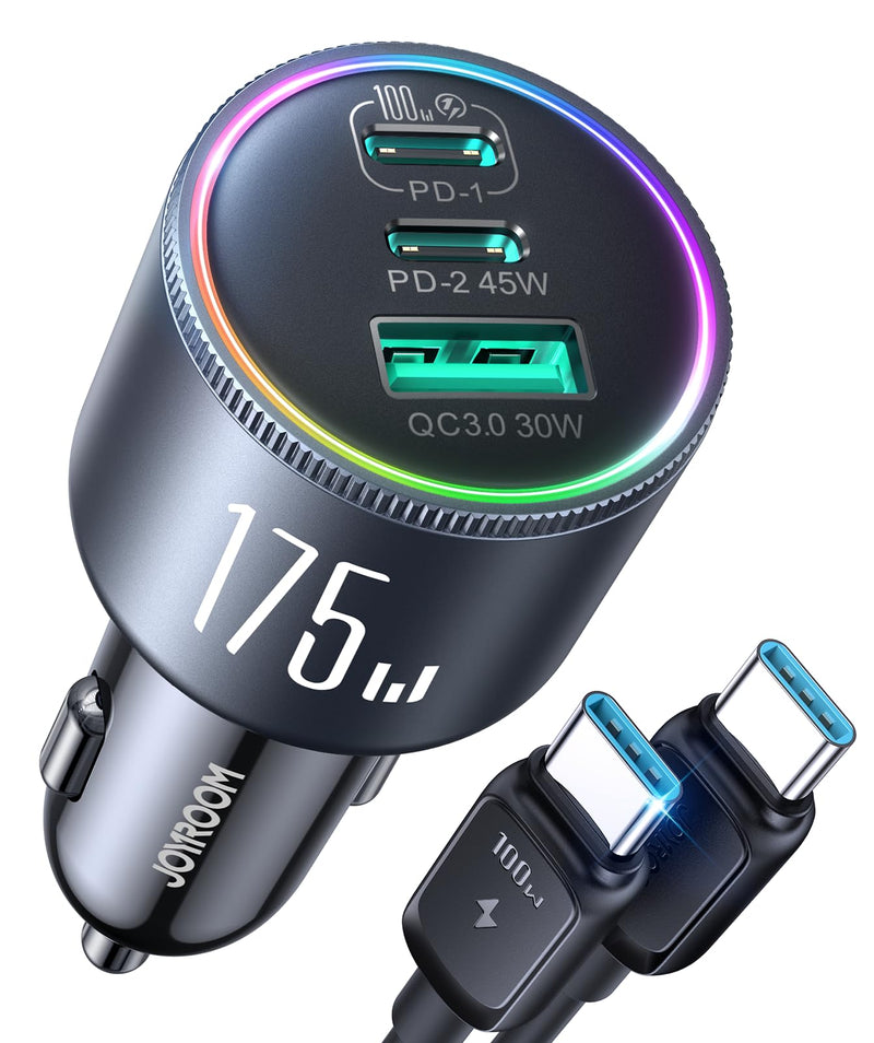 JOYROOM 175W USB C Car Charger Fast Charging, 3-Port Car Phone Charger PD100W+45W+USB30W Type C Car Charger Adapter with 100W USBC Cable Compatible with iPhone 16 Pro Max/16e, Samsung, iPad, Laptop