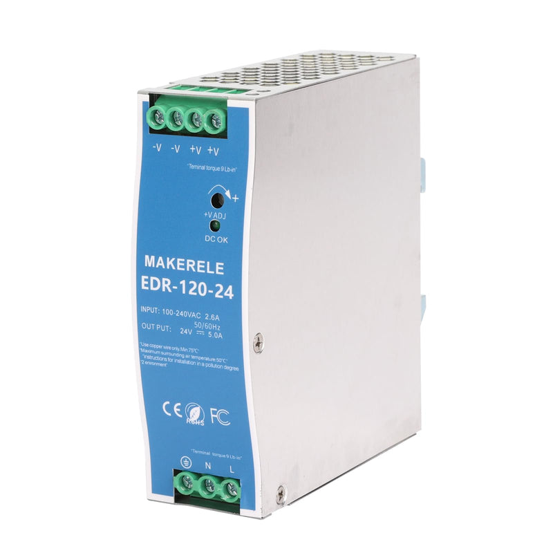 MAKERELE 120W 24V AC to DC DIN Rail Power Supply, 5 Amp EDR Power Switching Converter (120W 24V 5A) 120W-24V