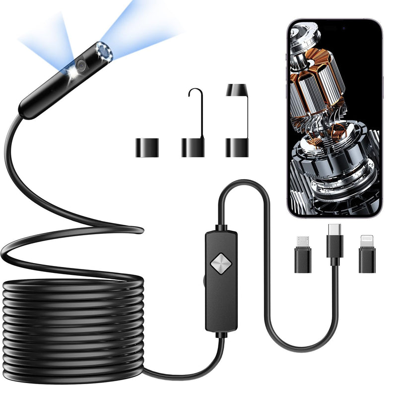 Endoscope with Light, 1920P HD Borescope with 8 Adjustable LED Lights, Semi-Rigid Snake Camera, IP67 Waterproof Inspection Tool for iPhone & Android - 16.4FT-Dual Lens (Black) Black