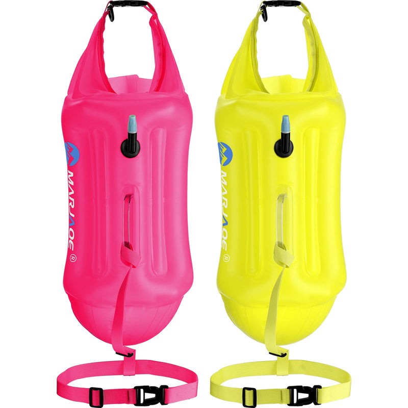 Soulchen 2 Pack Swim Buoy for Open Water, 20l Safety Float Waterproof Dry Storage Bag High Visibility Swimming Bubble with Shockproof Protection Rest Handle for Triathletes Kayakers Rose Red, Yellow